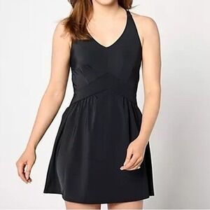 Denim & Co Beach Womens 16 Black V Neck Swim Dress Waist Detail Suimsuit A634811